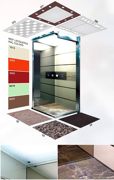 Варианты потолочной отделки лифтов Liftkom